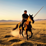 **A skilled musician playing the Morin Khuur on the vast Mongolian steppe, with a horse galloping in the background under a clear blue sky. The sunset adds a warm, golden glow.**